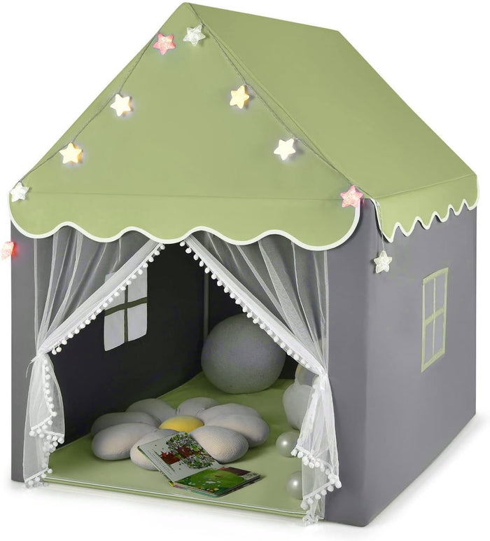Tenda da Gioco per Bambini, Tenda Castello con Tappetino Lavabile, Luci a Forma di Stella, per Interno ed Esterno, 105 x 121 x 136 cm (Verde)