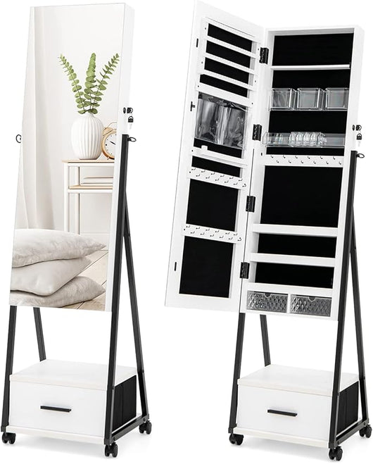 Armadio Portagioie da Terra con Ruote, Specchio Portagioie con Cassetti, Organizer per Gioielli per Camera da Letto, Soggiorno (Bianco, 42 x 38 x 157 cm, Con Cassetto)