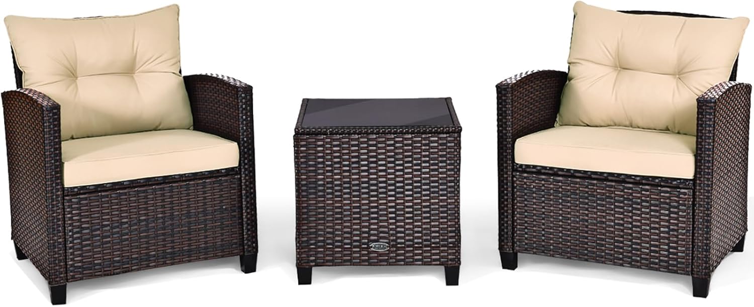 Set di 3 Pezzi di Mobili da Giardino, 1 Tavolo con Piano in Vetro Temprato e 2 Poltrone da Salotto, 4 Cuscini Rimovibili, per Giardino Piscina e Prato (Beige)