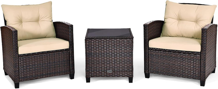 Set di 3 Pezzi di Mobili da Giardino, 1 Tavolo con Piano in Vetro Temprato e 2 Poltrone da Salotto, 4 Cuscini Rimovibili, per Giardino Piscina e Prato (Beige)
