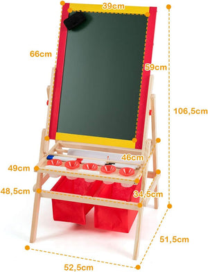 Cavalletto per Bambini 3 in 1, Lavagna Bifacciale, Cavalletto per Disegnare, con Rotolo di Carta, Magnetica, Accessori Completi, in Legno (52,5x51,5x106,5cm)