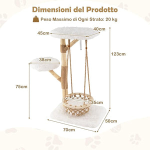 Albero Tiragraffi per Gatti 70 x 50 x 123 cm, Torre per Animali Domestici con Amaca Altalena, Rami di Legno Reale, Pali Tiragraffi di Juta e 2 Posatoi, Giochi per Gatti da Interno