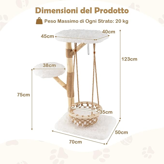 Albero Tiragraffi per Gatti 70 x 50 x 123 cm, Torre per Animali Domestici con Amaca Altalena, Rami di Legno Reale, Pali Tiragraffi di Juta e 2 Posatoi, Giochi per Gatti da Interno