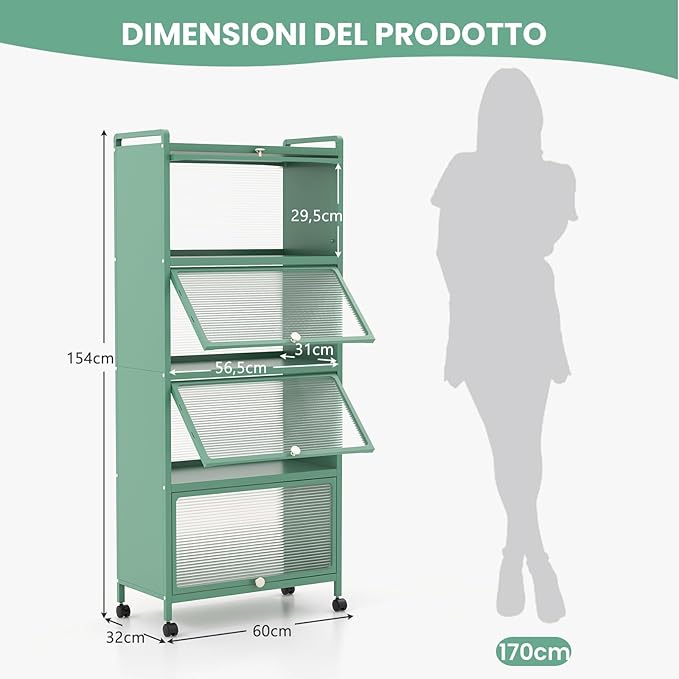 Armadio da Cucina a 5 Piani, Mobile per Microonde con Porte PC a Scomparsa, con 4 Ruote Girevoli, per Sala da Pranzo Soggiorno e Studio, 60x32x154 cm (Verde)