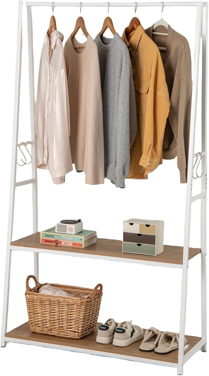 Appendiabiti con 2 Ripiani, Appendiabiti Autoportante con Struttura in Metallo Resistente, Stendibiancheria per Lavanderia Camera da Letto Soggiorno, 94x40x171 cm (Naturale)