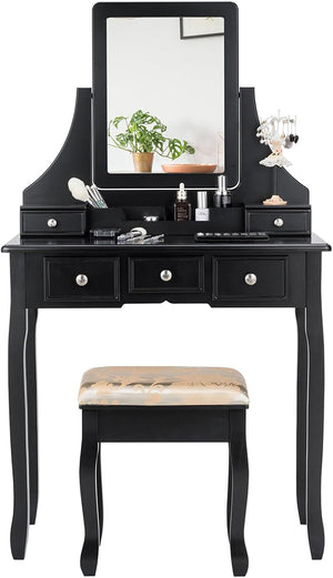 2-in-1 Toeletta Trucco con Sgabello, Postazione Trucco con Specchio Girevole a 360° Rimovibile, 5 Cassetti e Organizzatori, Tavolo da Trucco Scrivania Moderno, 80 x 40 x 139 cm (Nero)