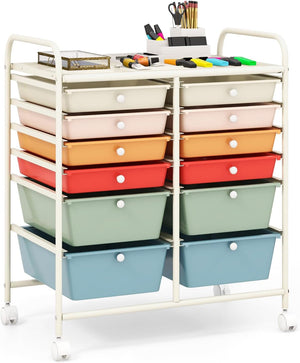 Carrello con 12 Cassetti con Ruote, Carrello di Stoccaggio Multiuso con Ampio Spazio di Archiviazione, Ideale per Casa Ufficio Domestico, 73,5 x 37 x 63 cm (Multicolore)