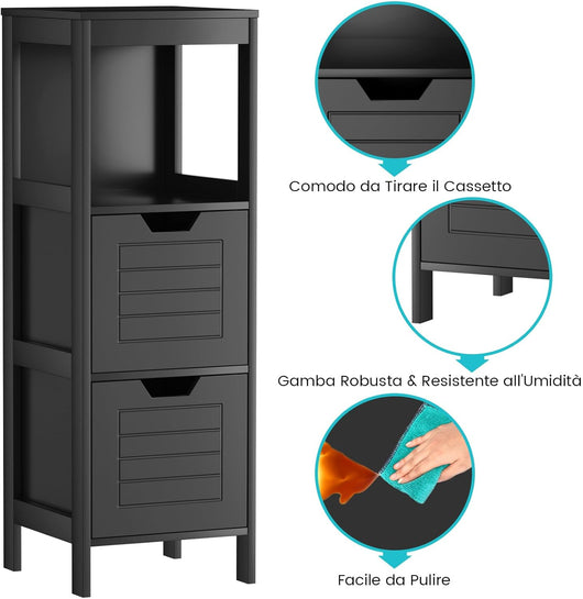 Armadietto da Bagno, Mobile di Legno Multifunzionale, con 2 Cassetti Rimovibili, Scaffale per Casa Ufficio Hotel, 30 x 30 x 89 cm (Nero)