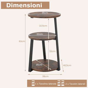 Tavolino Rotondo Industriale, Tavolino da Salotto a 3 Livelli con Struttura Metallica e Piedini Regolabili, Tavolino per Piccoli Spazi, da Soggiorno e Camera da Letto (1)