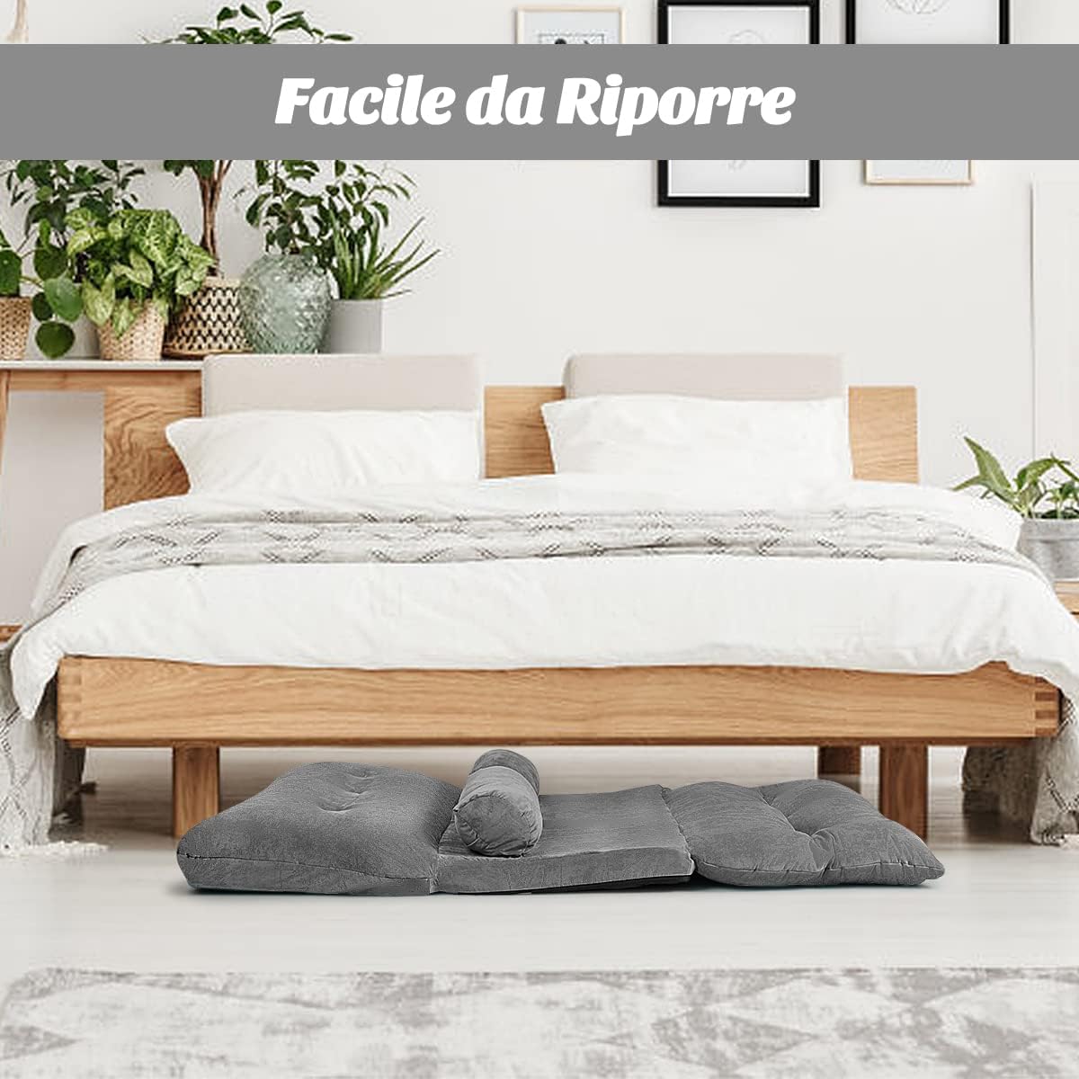 Divano da Terra, Divano Letto Multifunzionale Regolabile in 6 Posizioni con 2 Cuscini, con Fodera in Camoscio per Camera da Letto Salone Balcone (Grigio 156x173x24 cm)