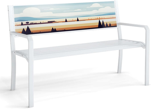 Panca da Giardino Decorativo Artistico in Metallo, Panchina da Esterno con Schienale Decorato, Panchina da Giardino 2-3 Posti per Terrazza (Bianco, 128 x 53 x 81,5 cm)