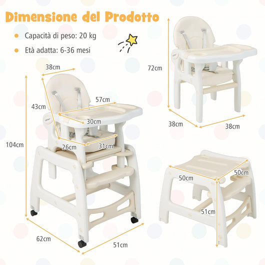 Seggiolone Pappa per Bambini 3 in 1, Seggiolone per Neonati con Vassoio Rimovibile, Cuscino, Schienale Regolabile e Cintura di Sicurezza a 5 Punti, 6-36 Mesi, Capacità 20 kg (Beige)