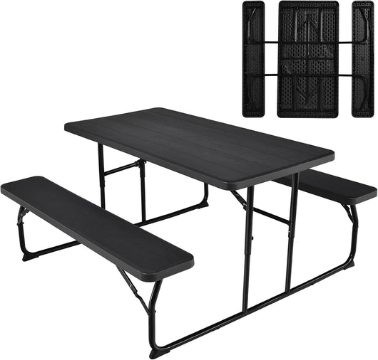 Set di Tavolo Campeggio Pieghevole, 136 x 151 x 73cm, Set di Tavolino e 2 Panca da Campeggio all’Aperto, da 4-6 Posti, per Patio Giardino Bordo Piscina (nero)