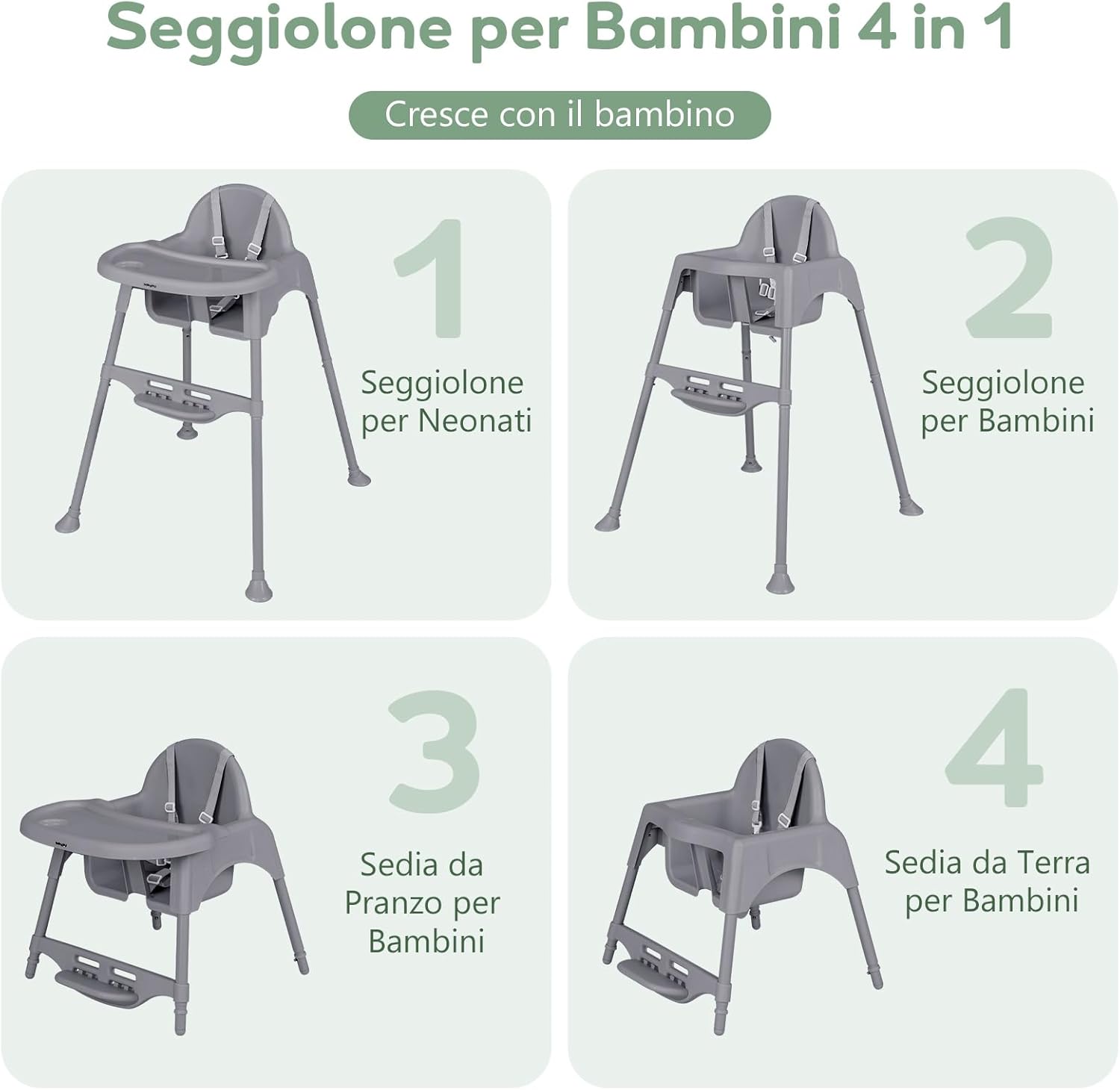 4 in 1 Seggiolone per Bambini, Seggiolone Papa con Vassoio Regolabile, Sedia da Terra per Bambini con Poggiapiedi, pert Bambini 6-36 Mesi (Grigio)
