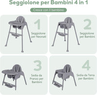 4 in 1 Seggiolone per Bambini, Seggiolone Papa con Vassoio Regolabile, Sedia da Terra per Bambini con Poggiapiedi, pert Bambini 6-36 Mesi (Grigio)