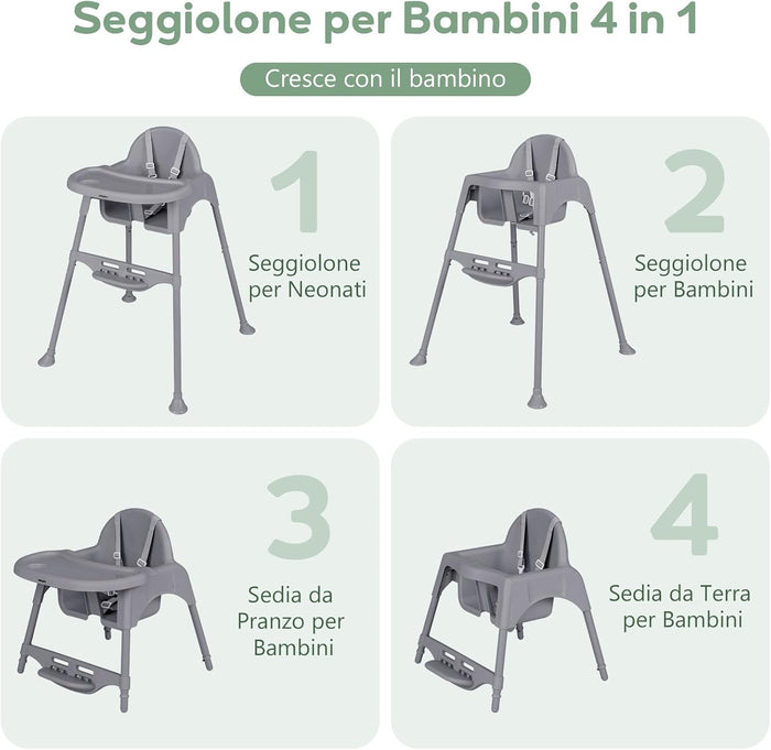 4 in 1 Seggiolone per Bambini, Seggiolone Papa con Vassoio Regolabile, Sedia da Terra per Bambini con Poggiapiedi, pert Bambini 6-36 Mesi (Grigio)
