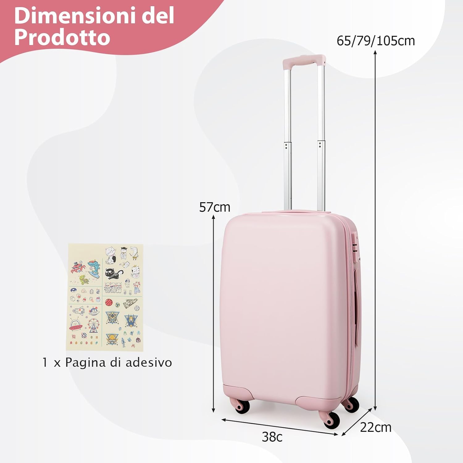 Valigia da Viaggio con Ruote Girevoli, Valigia Trolley con Manico Regolabile in Altezza, Guscio Rigido in PC, 38 x 22 x 57 cm (Rosa)