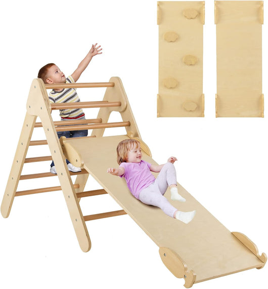 3 in 1 Arrampicata Giocattolo a Triangolo per Bambini, Set di Arrampicata con Rampa di Scivolo a 2 Lati e Inclinazione Regolabile, Arrampicatore per Bambini 1 Anno+ (Naturale)