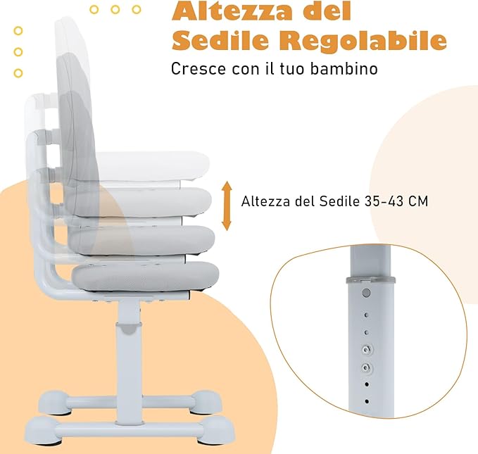 Sedia da Scrivania per Bambini 3+ Anni, Sedia Imbottita per Studiare con Doppio Supporto Lombare e Altezza Regolabile, Chair da Compiti per Casa e Scuola, Portata 100 kg (Grigio)