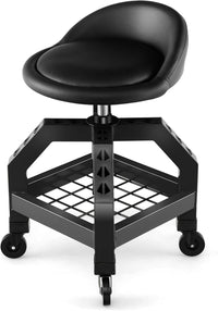 Sgabello da Officina, Sgabello Meccanico Rotante con Vassoio Porta Attrezzi, Regolabile in Altezza e 4 Ruote Universali, capacità di 150 kg, per Garage, Officina (Nero)