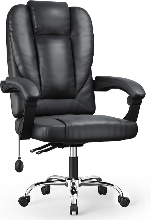 Sedia Ufficio Ergonomica in PU - Schienale Alto Reclinabile 135° + Cuscino a Molle - Rotelle Silenziose - Nero