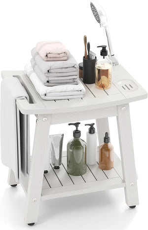 Sgabello da Doccia 41 x 31,5 x 43,5 cm, Mobile bagno in HIPS con Maniglia, Supporto per Soffione e Portasapone, Sedia da Doccia Impermeabile per Bagno, Spa e Vasca