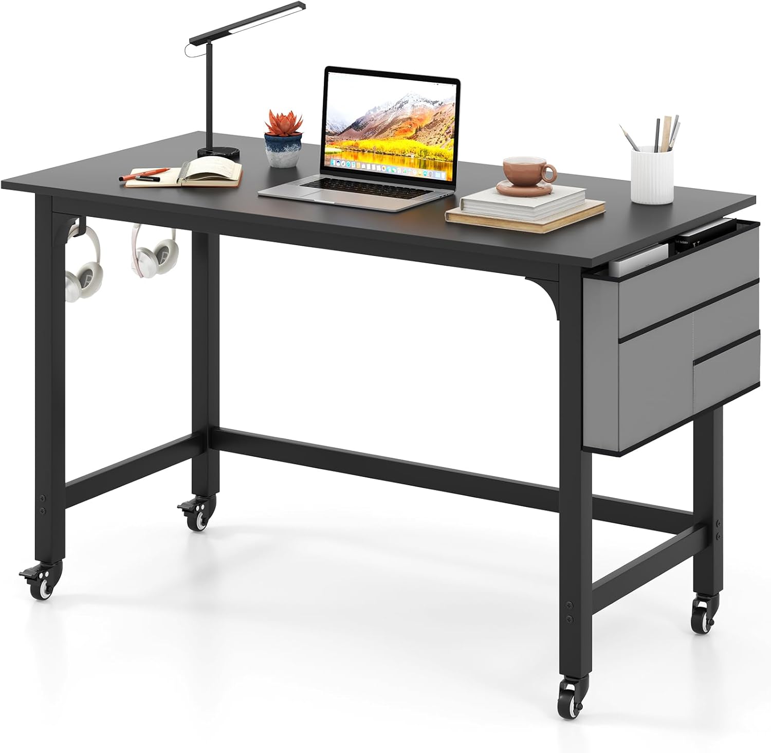 Scrivania per Ufficio e Casa, Scriviania con Ampio Piano, 4 Ruote Bloccabili, Borsa Rimovibile e Ganci per Cuffie, Scriviania per Computer di Metallo e Legno (Nero)