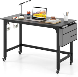 Scrivania per Ufficio e Casa, Scriviania con Ampio Piano, 4 Ruote Bloccabili, Borsa Rimovibile e Ganci per Cuffie, Scriviania per Computer di Metallo e Legno (Nero)