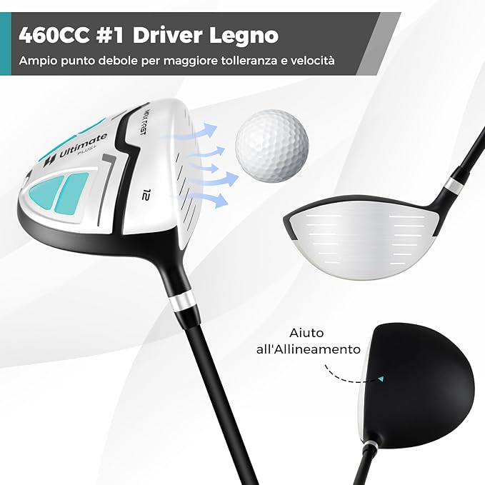 Set Completo di Mazze da Golf con Sacca a Treppiede, Include con Driver 1 da 460CC, Legno 3, Ibrido, Ferri 5, 6, 7, 8, 9, P, S, Putter e Copertura Antipioggia per Destrimani