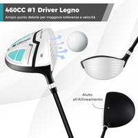 Set Completo di Mazze da Golf con Sacca a Treppiede, Include con Driver 1 da 460CC, Legno 3, Ibrido, Ferri 5, 6, 7, 8, 9, P, S, Putter e Copertura Antipioggia per Destrimani