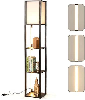 Lampada da Terra Moderna con Scaffali, Lampada a Mensola in Legno con 3 Strisce LED, Paralume, Luminosità Regolabile e Interruttore a Pedale, Scaffale Autoportante con Luce
