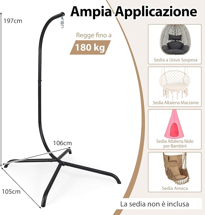 Supporto per Amaca a C, Base per Sedia Sospesa in Metallo Pesante con Gancio a Molla e Rotazione a 360°, Telaio per Amaca per Interni ed Esterni, Portata 180 kg