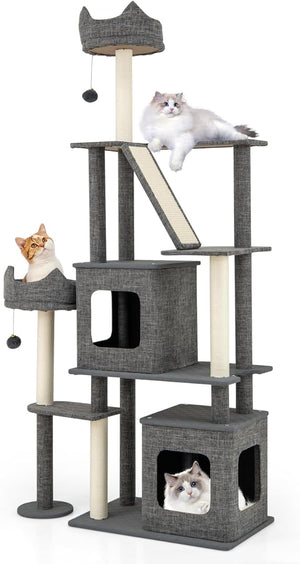 Tiragraffi per Gatto Alto 180 cm, Albero Tiragraffi Gatto con 8 Piattaforme, 4 Pali Sisal e 2 Palline Pompon, Torre Tiragraffi per Gatti con 2 Condomini Rimovibili, Grigio