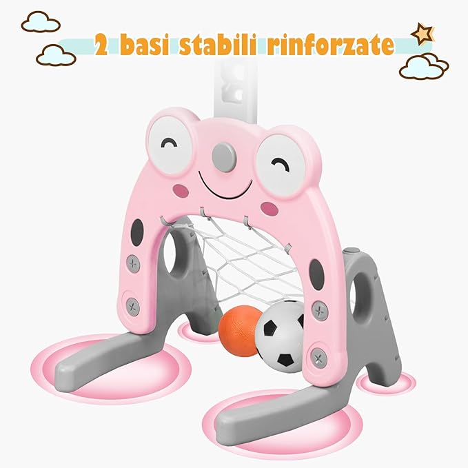 Canestro da Basket, Centro Attività 3 in 1 per Bambini, Canestro da Basket con Porta da Calcio e Gioco degli Anelli, Set Basket e Calcio a Forma di Orso, Ideale per Bambini (Rosa)
