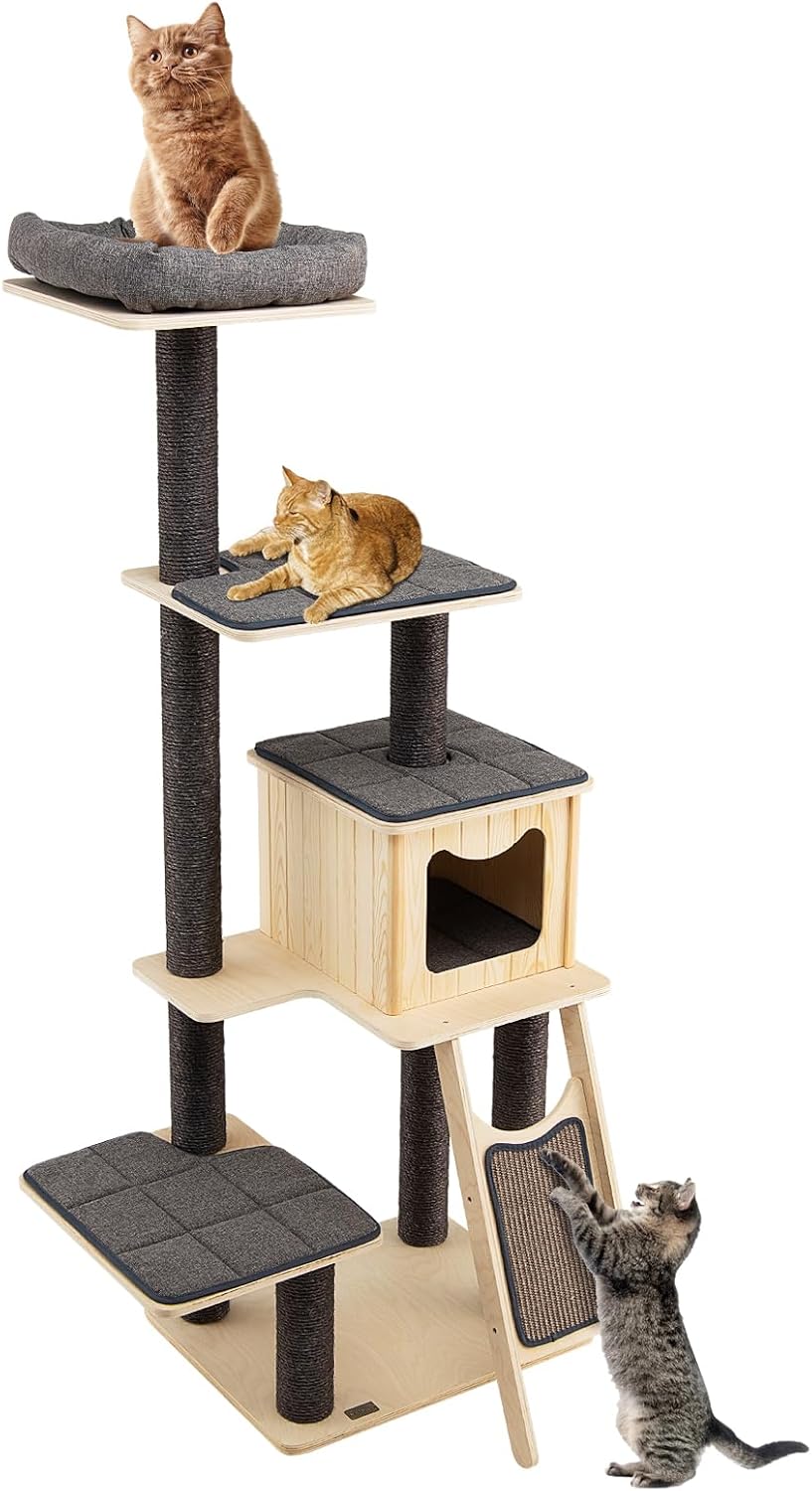 Albero Tiragraffi per Gatti Alto 175CM con Pali Sisal e Rampa Tiragraffi, Tiragraffi per Gatti Moderna a 6 Livelli con Cuscinetti Nicchia Trespolo, per Gatti Adulti e Gattini