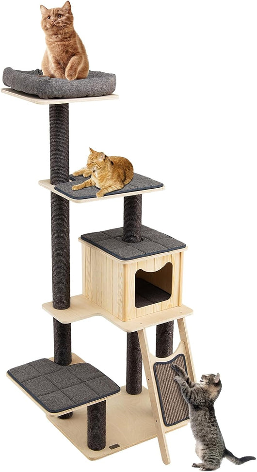 Albero Tiragraffi per Gatti Alto 175CM con Pali Sisal e Rampa Tiragraffi, Tiragraffi per Gatti Moderna a 6 Livelli con Cuscinetti Nicchia Trespolo, per Gatti Adulti e Gattini