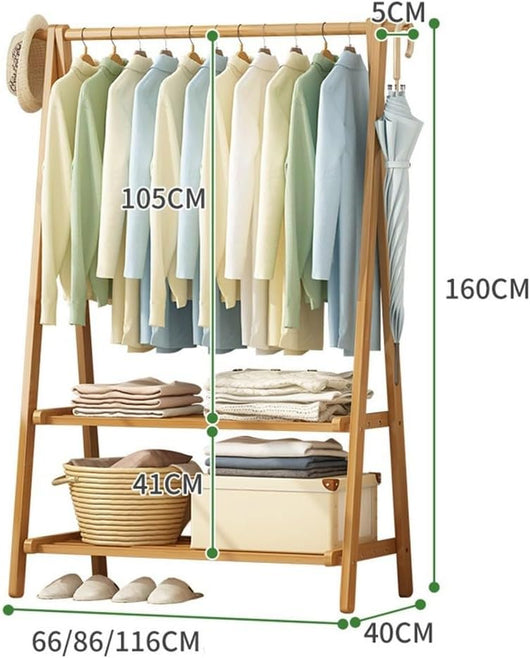 Appendiabiti in bambù, Appendiabiti con ripiano portaoggetti a Doppio Strato, Asta Appendiabiti per Vestiti con 160 cm di Altezza, Appendiabiti per Camera da Letto, Appendiabiti Pieghevole l