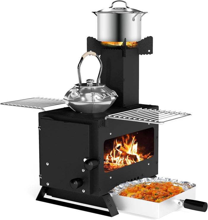 Barbecue a Carbonella, Stufa a Legna Portatile con Porta Pentole, Teglia da Forno e 2 Griglie, Grill da Esterno per Campeggio e Viaggio in Camper, Escursioni, 54 x 36 x 44 cm