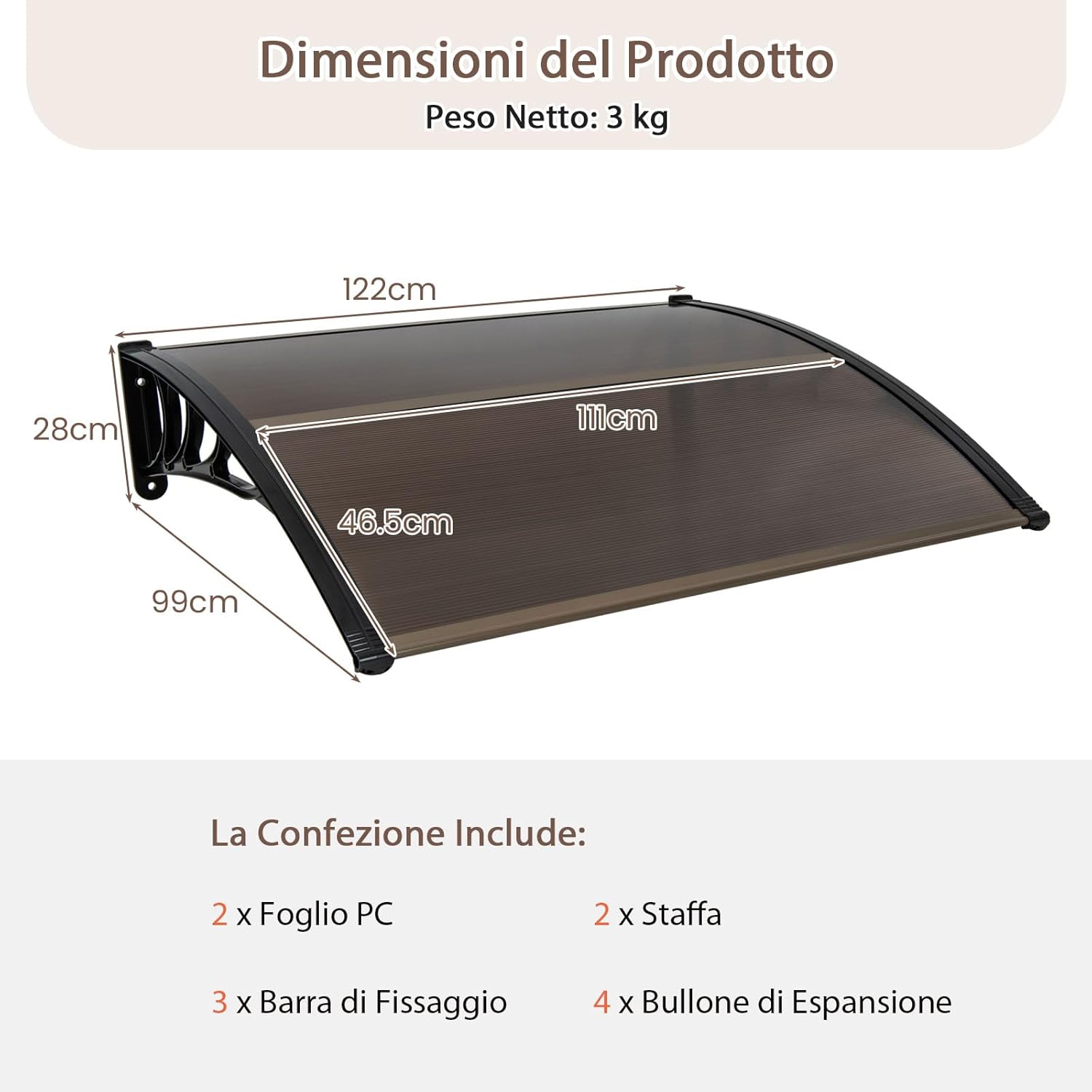 Tettoia per Porta Finestra, Pensilina Tettoia per Porta in Policarbonato, per Protezione da Sole, Pioggia, Neve, per Balcone, Finestre e Porte (122 x 99 x 28 cm,Marrone)