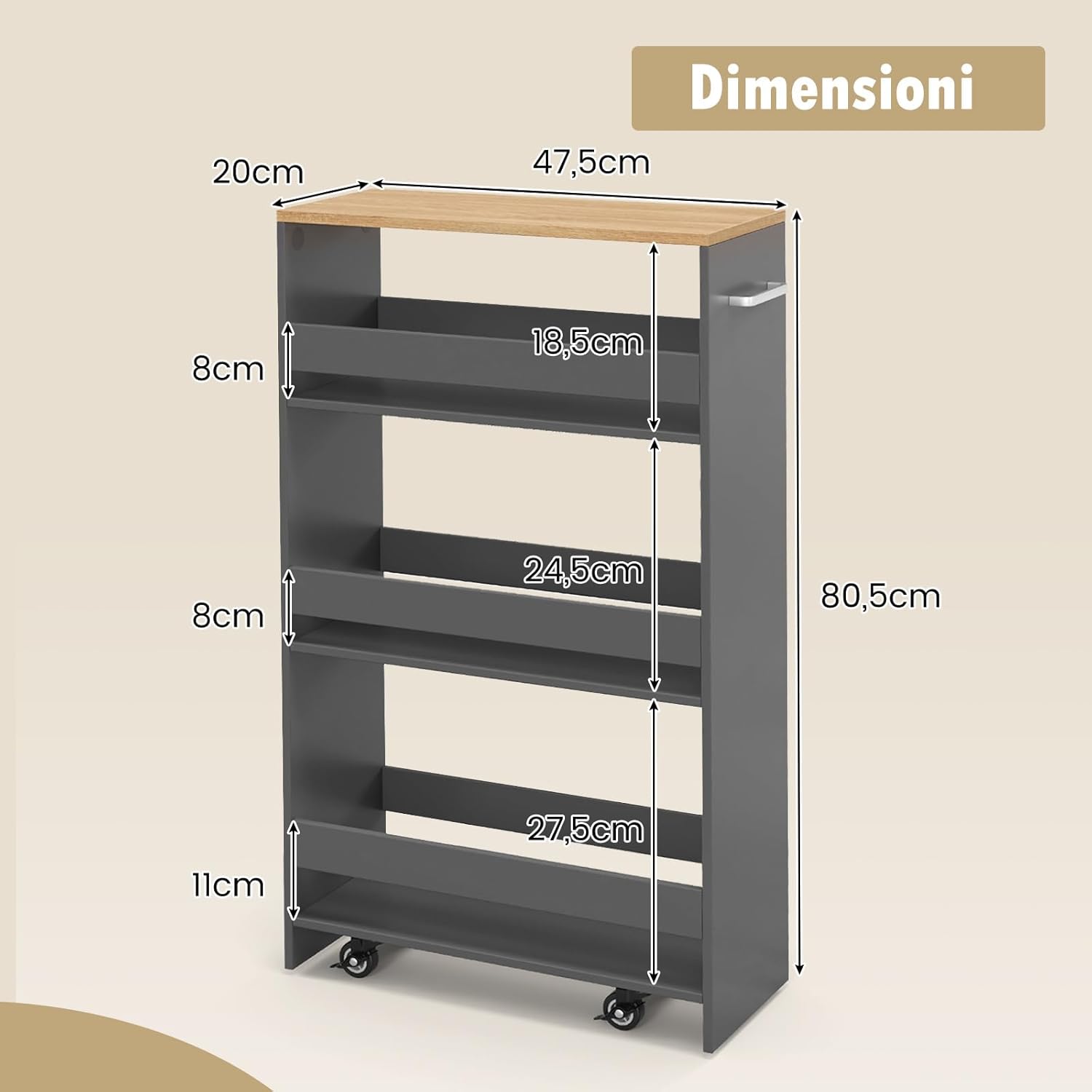 Carrello da Cucina a 4 Ripiani, Carrello in Legno con 4 Ruote Universali, Carrello Scaffale Stretto Salvaspazio con Manico per Bagno, Ufficio e Officina, 47,5 x 20 x 80,5 cm (Grigio)