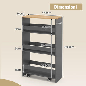 Carrello da Cucina a 4 Ripiani, Carrello in Legno con 4 Ruote Universali, Carrello Scaffale Stretto Salvaspazio con Manico per Bagno, Ufficio e Officina, 47,5 x 20 x 80,5 cm (Grigio)