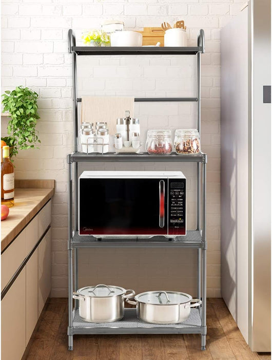 Microonde Scaffale da Cucina per Microonde in Metallo a 4 Ripiani, Carrello per Microonde Scaffalatura Organizzatore Portaoggetti, 60 x 34,5 x 136 cm (Grigio)