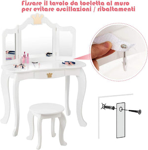 Set Toeletta Trucco e Sedia per Bambine - Smontabile Specchio e Cassetto, Toletta Trucco 2 in 1, 80 x 42 x 105 cm, Bianco