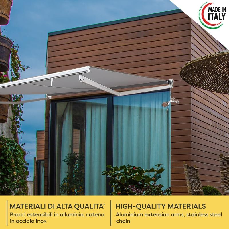 Tenda da Sole a Bracci Estensibili Tempotest Para', col. Grigio 79, Largh. 3m x Sporgenza 2.35m con Mantovana Ondulata - Arganello Destro
