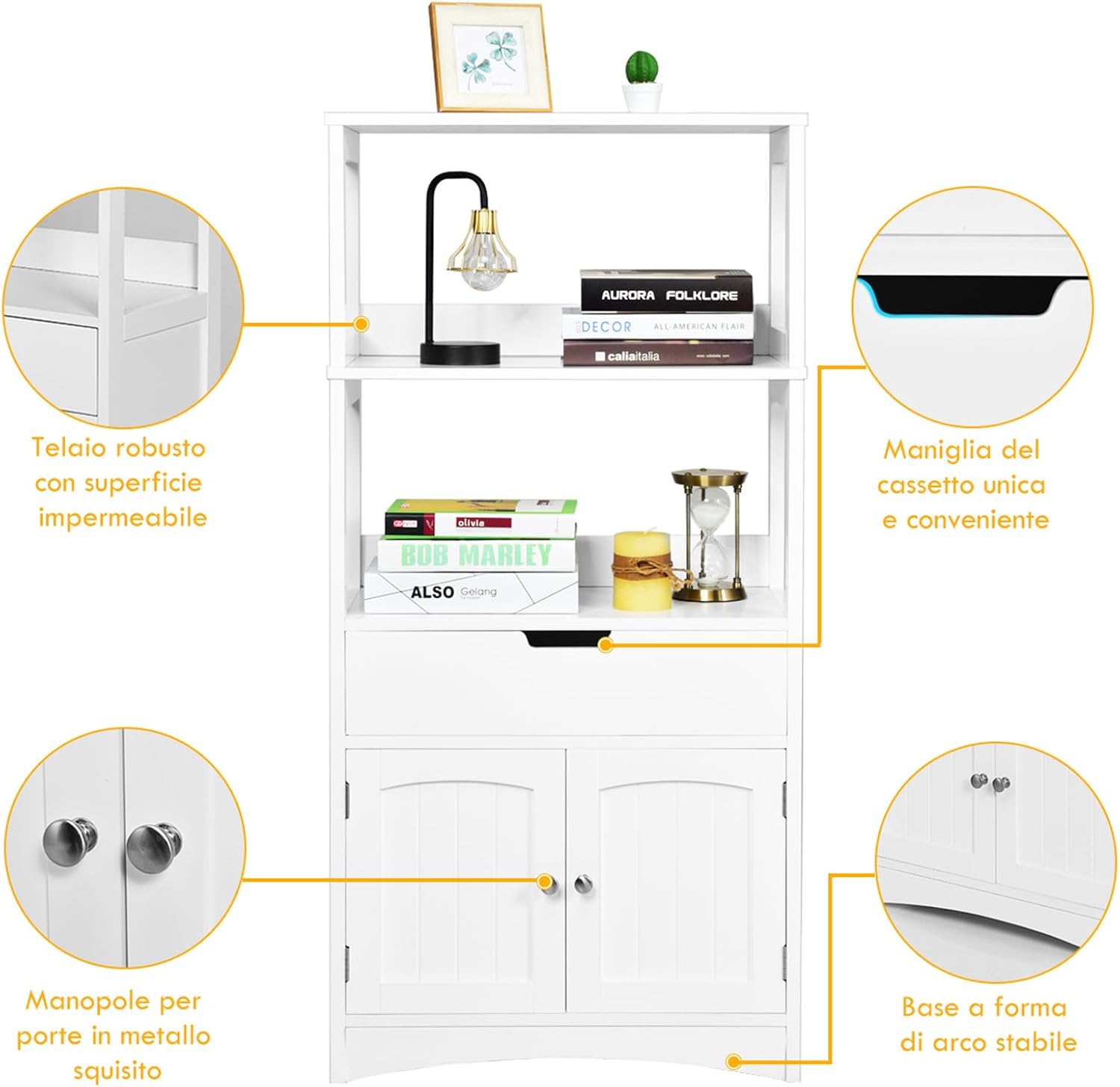 Armadietto del bagno con cassetto e mensola, armadio con 2 mensole aperte e 2 ante, armadietto per cucina, ingresso, salone e camera da letto, armadietto in legno (Bianco)
