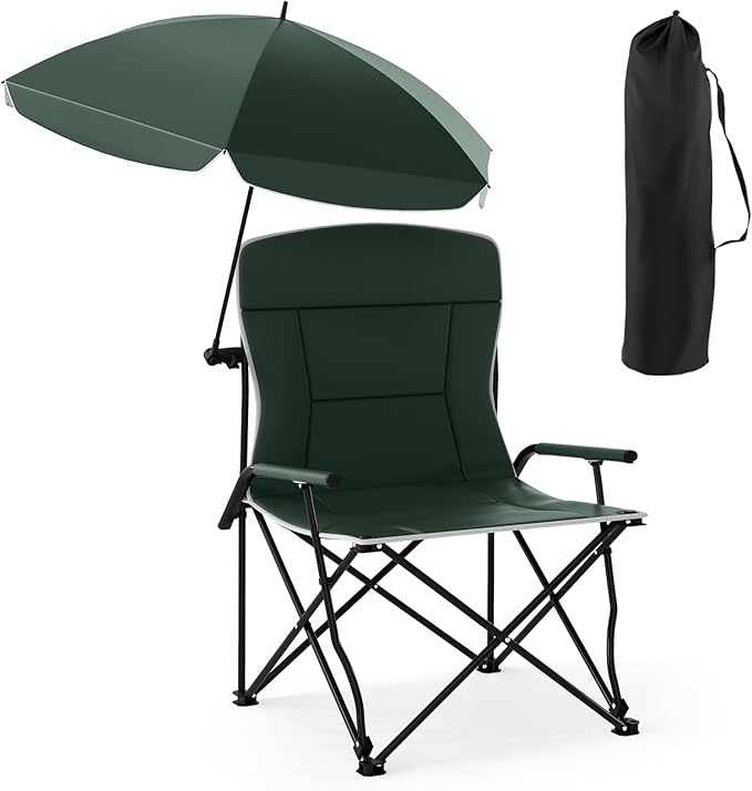 Sedia da Campeggio con Ombrello Regolabile, Sedia da Giardino Imbottita con Borsa e Tettuccio Parasole, Poltrona Pieghevole per Spiaggia, Pesca, Sport, Portata 160 kg