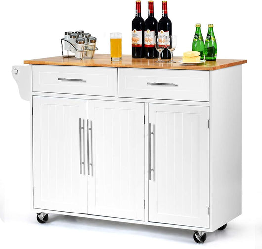 Carrello da Cucina, Carrello di Servizio con Ruote e Maniglia, 3 Ante e 2 Cassetti, Ideale per Cucina Ristorante Bar, 122x46x92,3 cm, Bianco