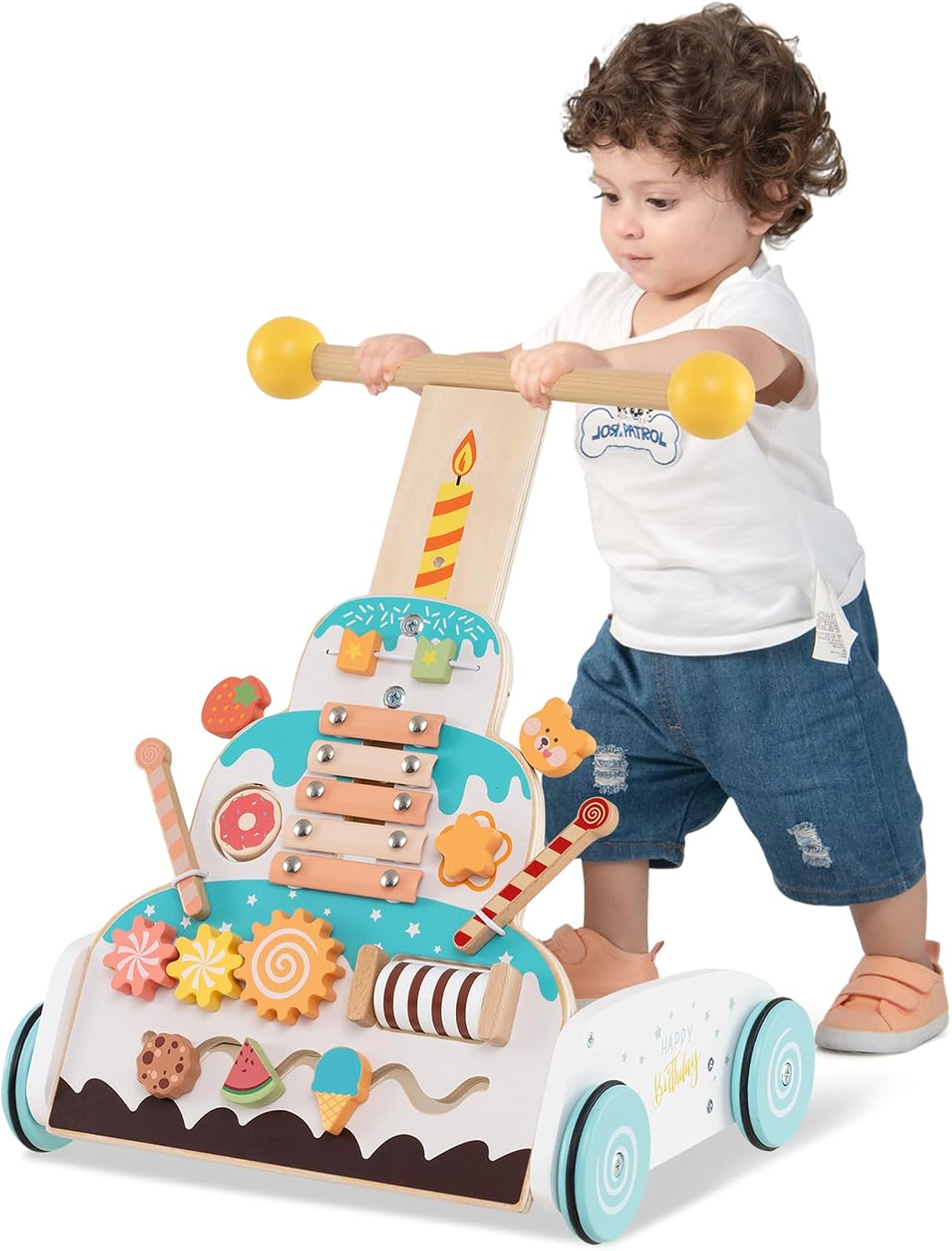 Girello in Legno per Bmabini, Passeggino Regolabile in Altezza con Centro Attività, Carello Primi Passi con Xilofono, Blocchi Scorrevoli e Perline Mobili, per Bambini 1+ Anni