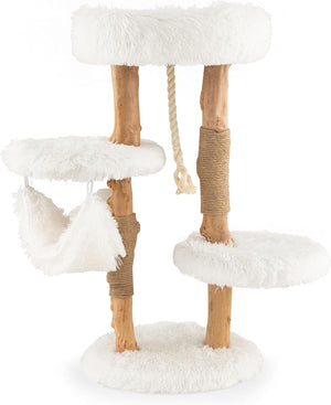 Albero per Gatti in Legno Alto 87 cm con Amaca, Albero Tiragraffi per Gatti a 5 Livelli, con Piattaforma Superiore, Mobile per Gatti da Interno, Bianco