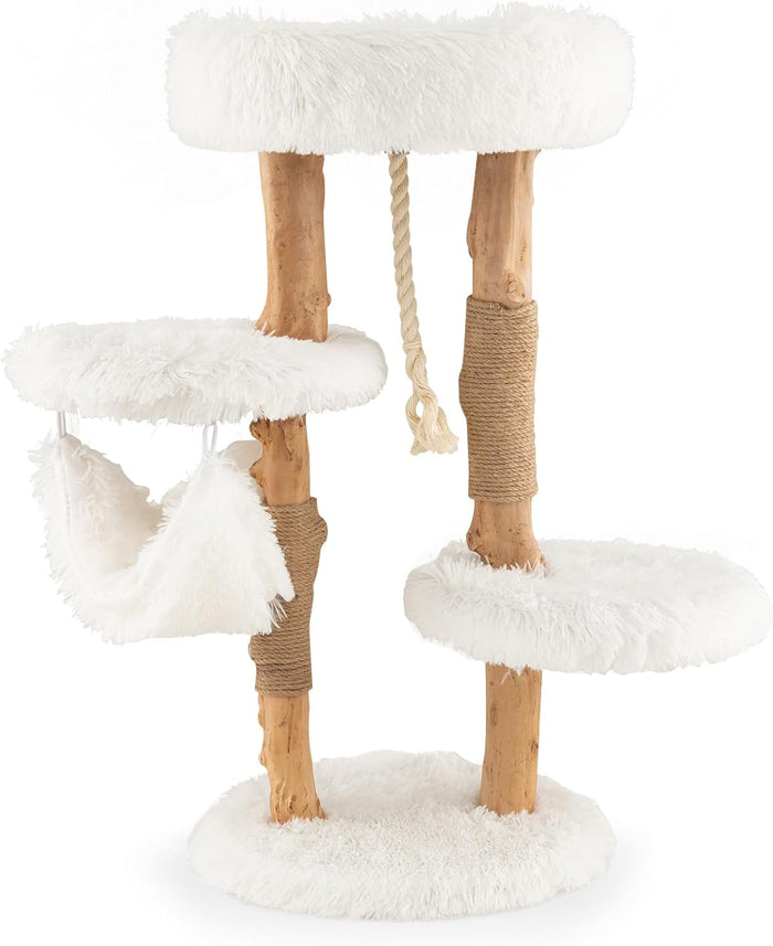 Albero per Gatti in Legno Alto 87 cm con Amaca, Albero Tiragraffi per Gatti a 5 Livelli, con Piattaforma Superiore, Mobile per Gatti da Interno, Bianco